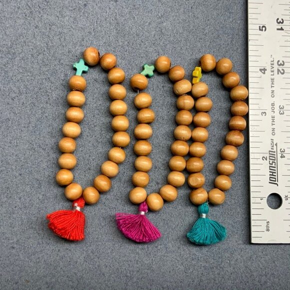 Wooden Beaded Bracelet Lot of 3 Multicolor Cross Tassels BoHo Hippie Religious - Picture 7 of 7
